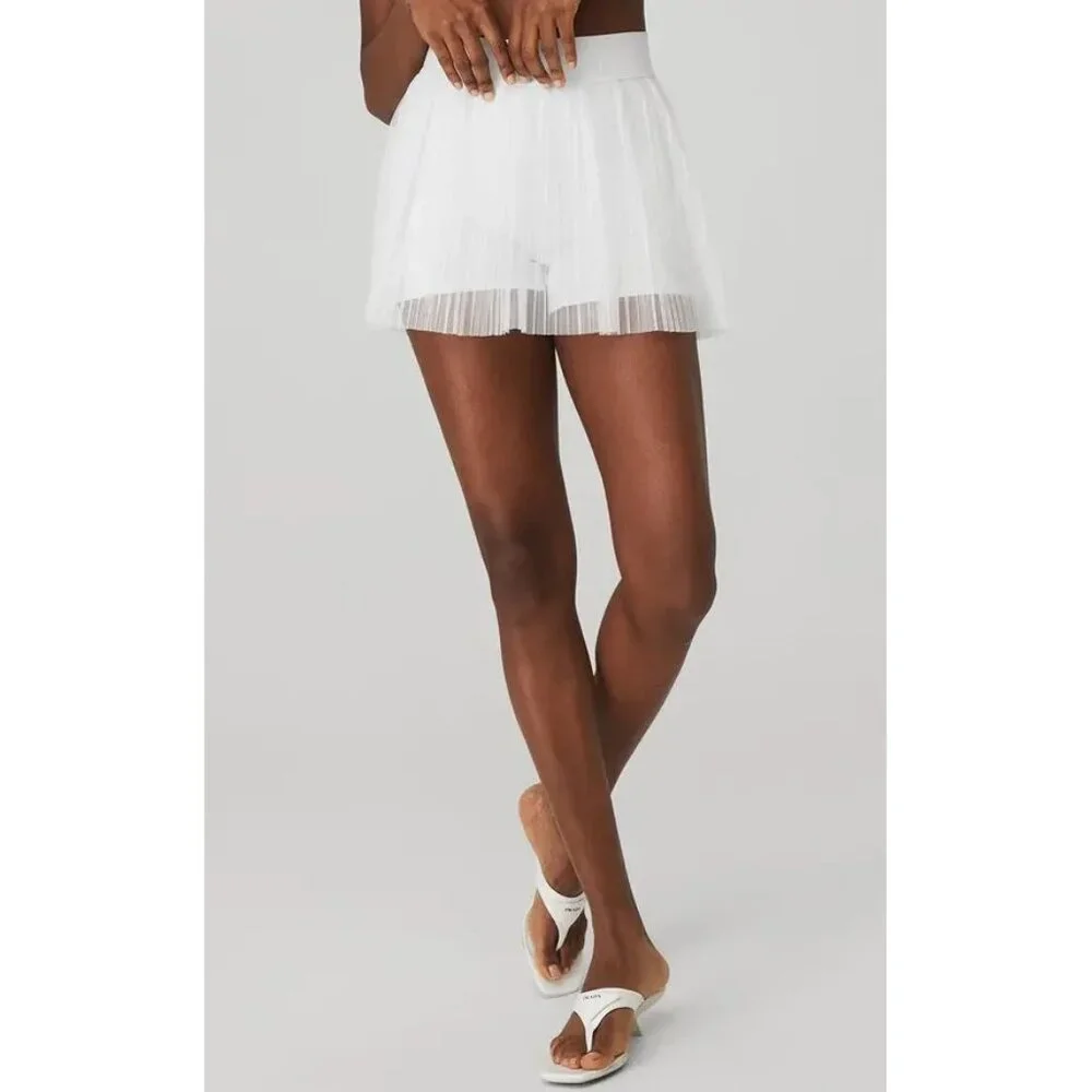 Alo Mesh Flirty Tennis Skirt White Sheer Transparent See-Through Pleated Skort